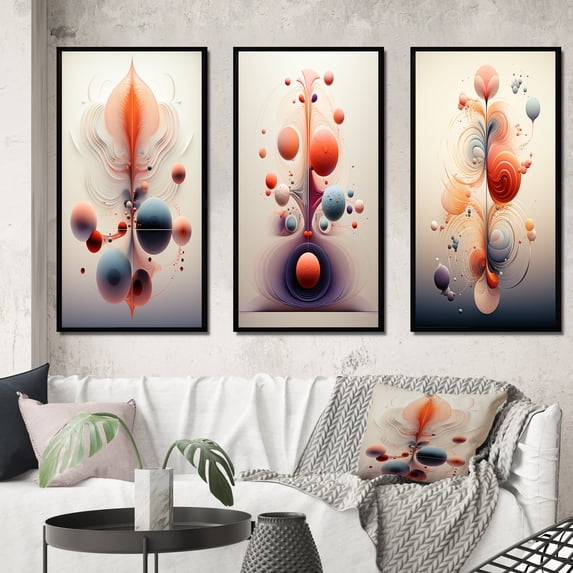 Designart "Cosmic Flux Abstract Multiverse Metamorphosis II" Abstract Shapes Framed Wall Art Set Of 3 - Orange Transitional Frame Gallery Set For Office Decor