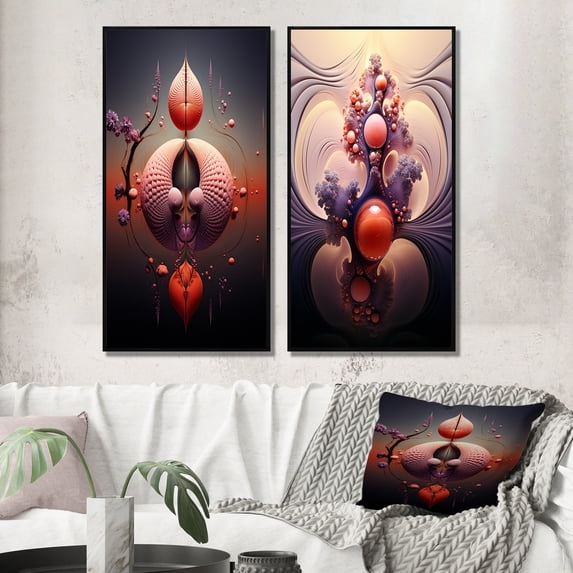 Designart "Cosmic Flux Abstract Multiverse Metamorphosis IV" Abstract Shapes Framed Wall Art Set Of 2 - Transitional Orange Framed Wall Art Set Of 2