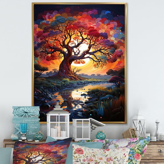 Designart "Cosmic Hued Baobab Trees II" Tree Baobab Floater Framed Wall Art Living Room