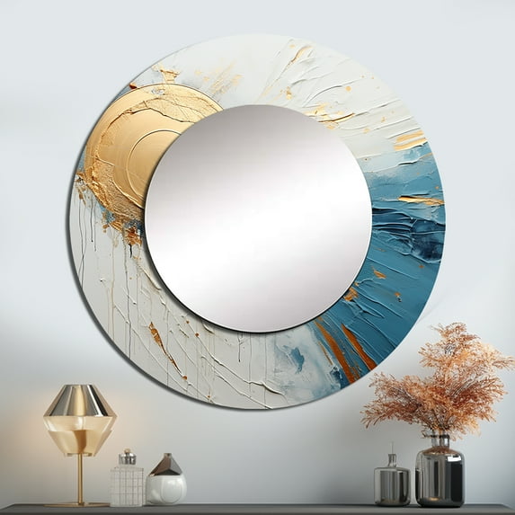 Designart "Cosmic Paint In Gold And Blue" Abstract Painting Beige Large Round Mirror - Round Bedroom Mirror Wall Decor - Modern Round Printed Mirror - 23" x 23"