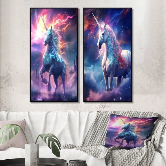 Designart "Cosmic Unicorn Purple Magical Charm III" Fantasy Unicorn Framed Wall Art Set Of 2 - Children's Art Purple Frame Gallery Set For Office Decor