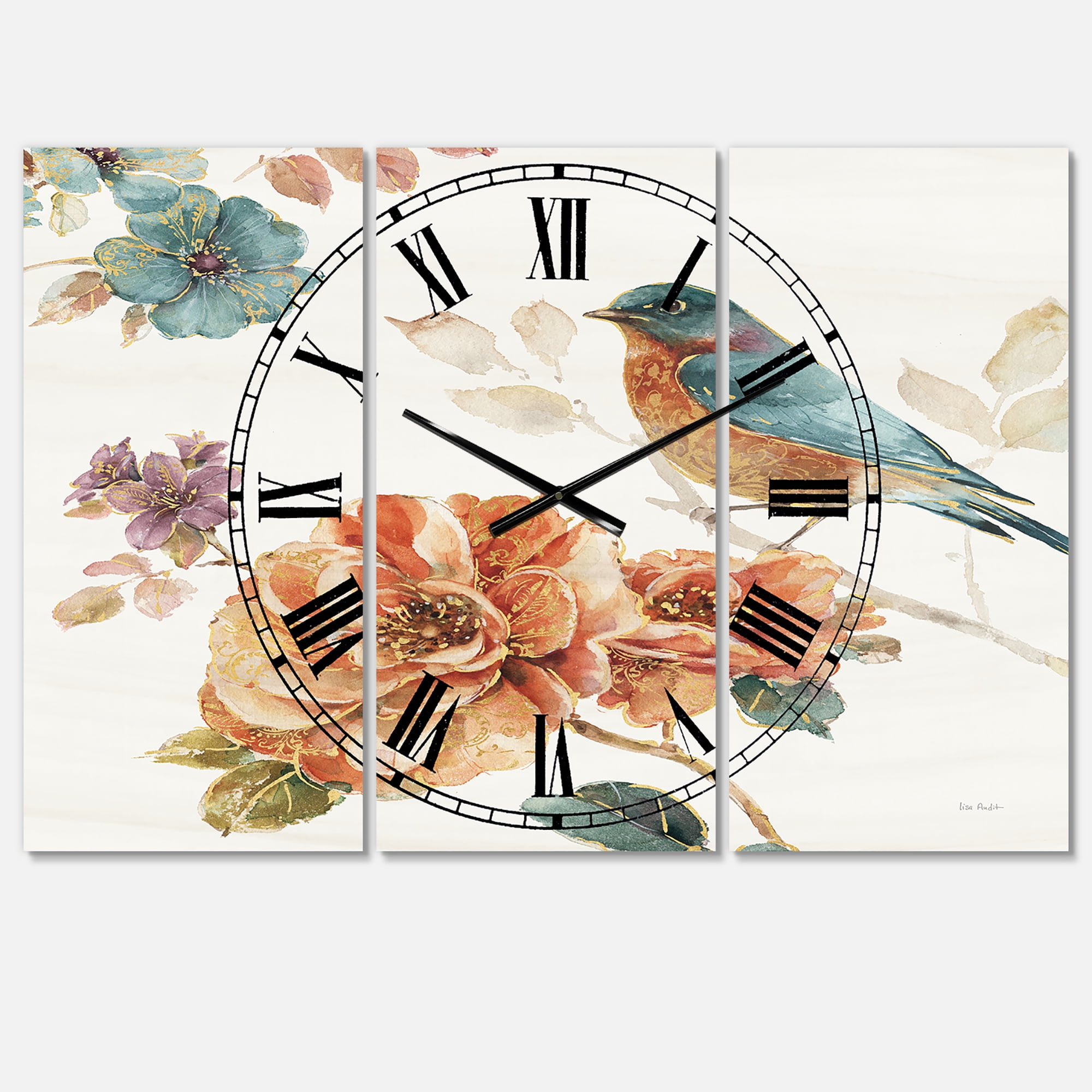 Designart 'Cottage Bird on Orange Flower Twig' Farmhouse Wall Clock