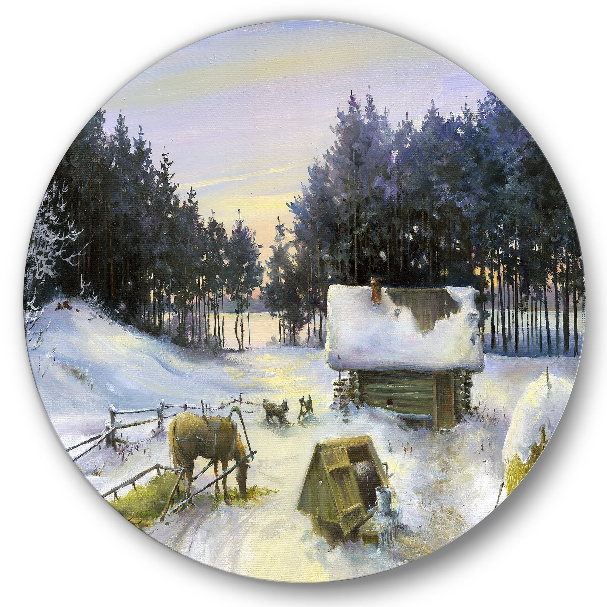 Designart 'Cottage Covered In Snow With Winterscene' Country Circle Metal Wall Art 23x23 - Disc of 23
