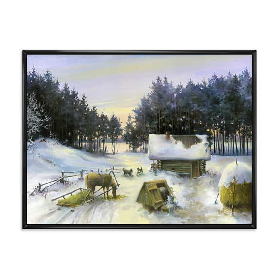 Designart 'Cottage Covered In Snow With Winterscene' Country Framed Canvas Wall Art Print