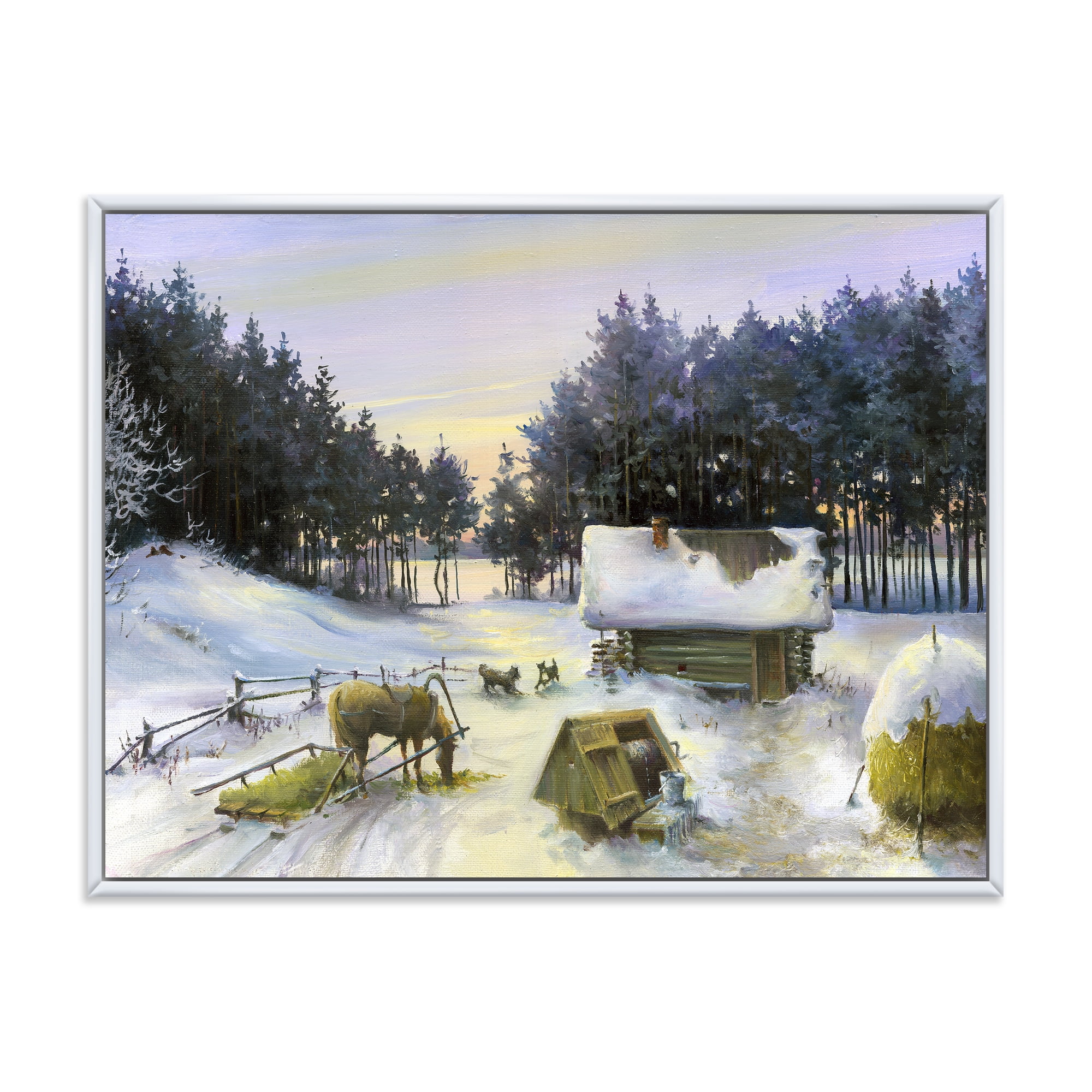 Designart 'Cottage Covered In Snow With Winterscene' Country Framed Canvas Wall Art Print