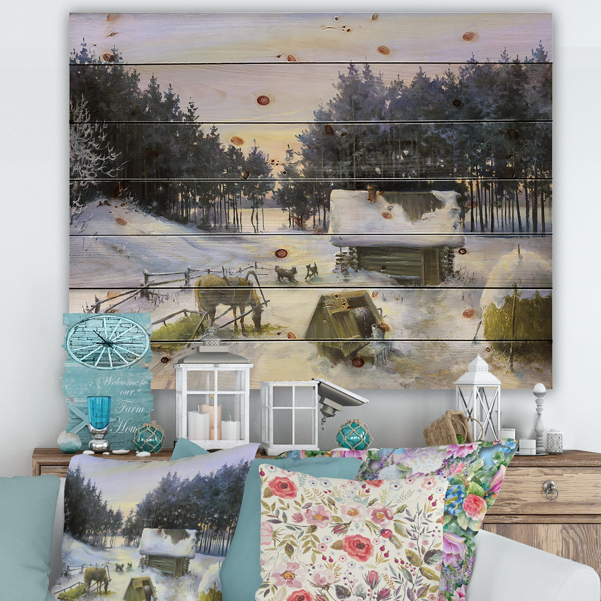 Designart 'Cottage Covered In Snow With Winterscene' Country Print on Natural Pine Wood
