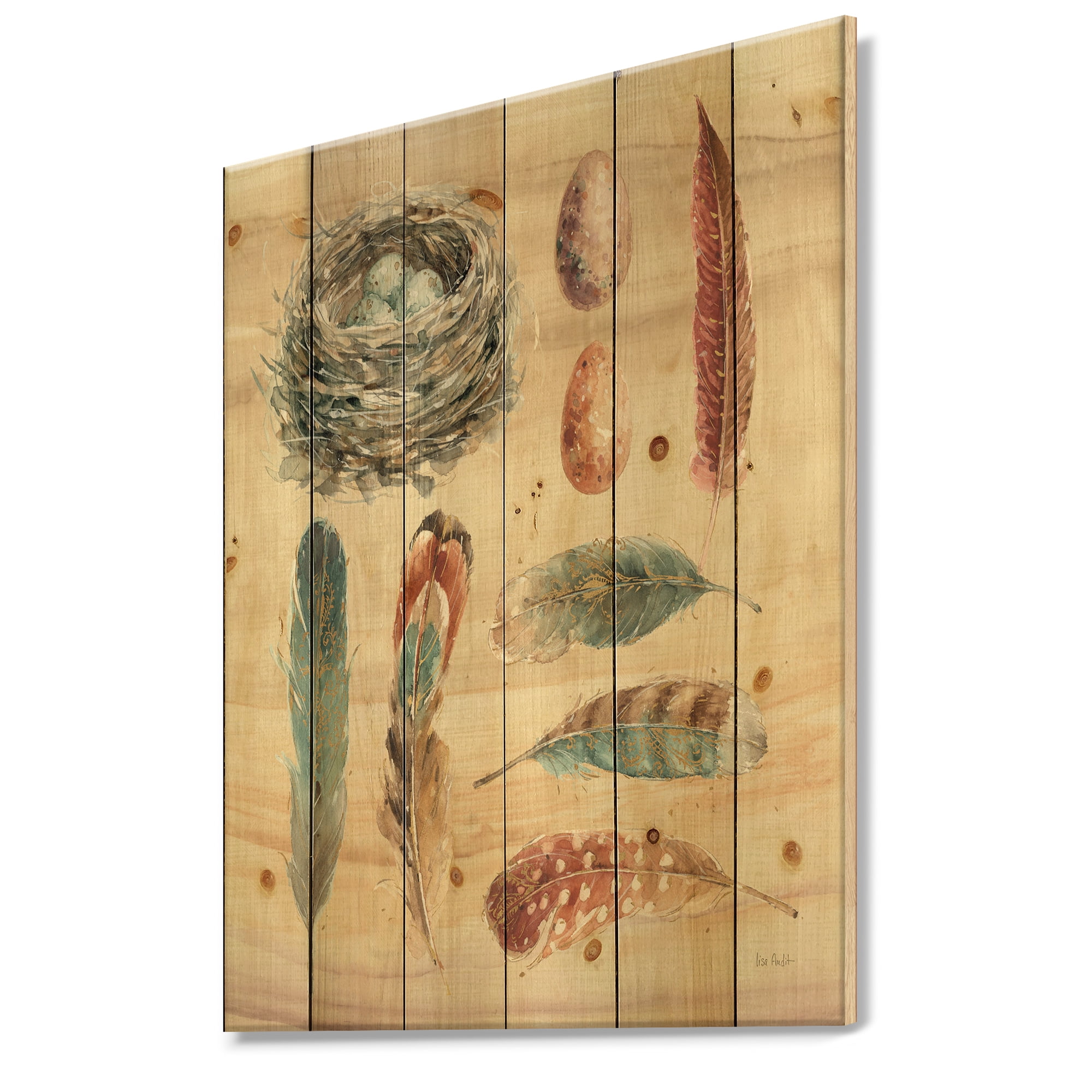 Designart 'Cottage Feathers Family I' Farmhouse Print on Natural Pine Wood