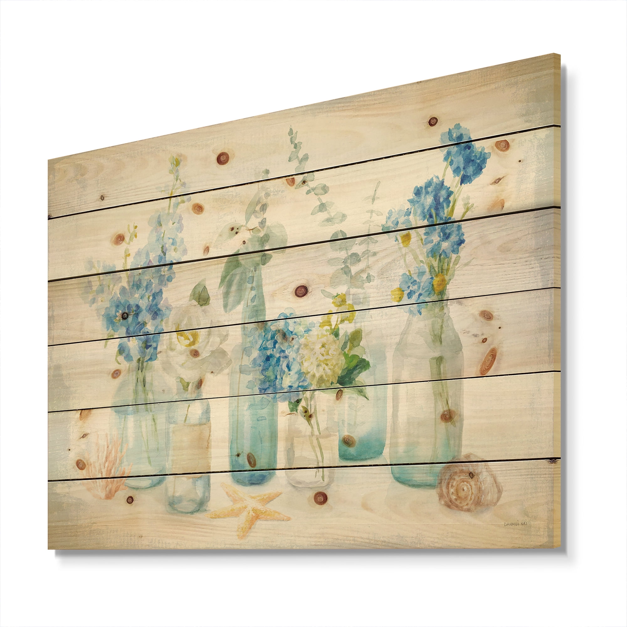Designart 'Cottage Florals I' Farmhouse Print on Natural Pine Wood