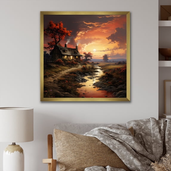 Designart "Cottage Sunset Tranquility by the Lake I" Landscapes Framed Wall Art Decor - Coastal Orange Landscape Cottage Entryway Framed Wall Art