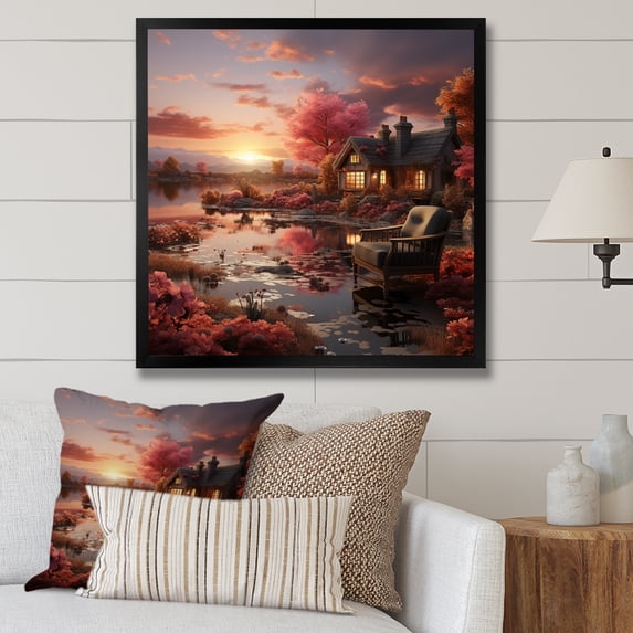 Designart "Cottage Sunset Tranquility by the Lake II" Landscapes Framed Wall Art Decor - Coastal Pink Landscape Cottage Hallway Framed Wall Art Decor