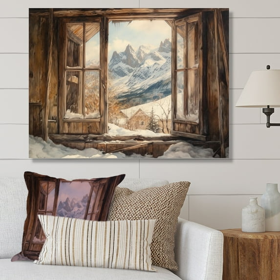 Designart "Cottage Window View Of Snowy Mountains" Cottage Landscape Canvas Art Print