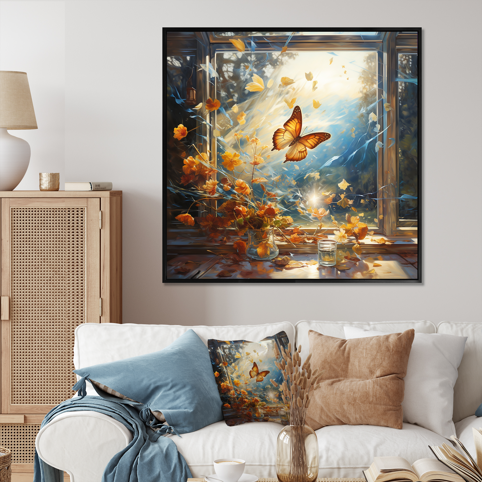 Designart "Cottage with Blue and Orange Butterfly I" Animals Framed