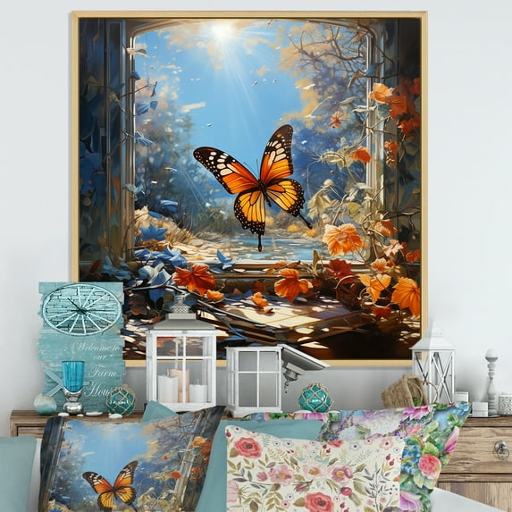 Designart "Cottage with Blue and Orange Butterfly II" Animals Framed Wall Art - Traditional Blue Butterfly Entryway Framed Wall Art