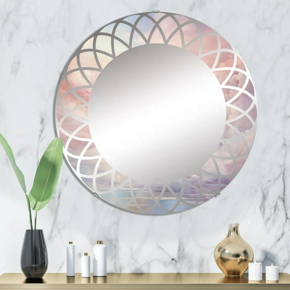 Designart "Cotton Candy Skies at Sunset III" Landscapes Round Wall Mirror - Traditional Oval Printed Decorative Oversized Mirror - Multiple Color Options