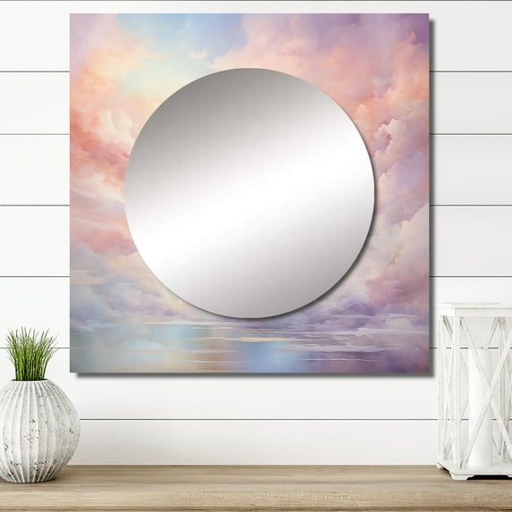 Designart "Cotton Candy Skies at Sunset III" Landscapes Square Mirror Wall Decor Traditional - Large Pink Square Bathroom Mirror - Square Printed Wall Mirror Art