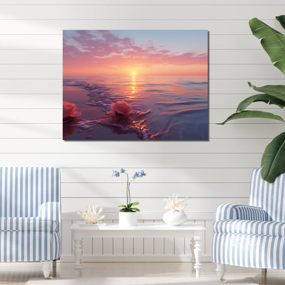 Designart "Cotton Candy Skies at Beach Sunset I" Extra Large Coastal Wall Art - Coastal Blue Coastal Sunset Bedroom Canvas Wall Art