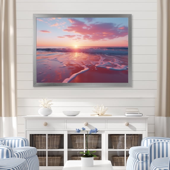 Designart "Cotton Candy Skies at Beach Sunset II" Coastal Framed Wall Art Decor - Coastal Blue Coastal Sunset Living Room Framed Canvas Art