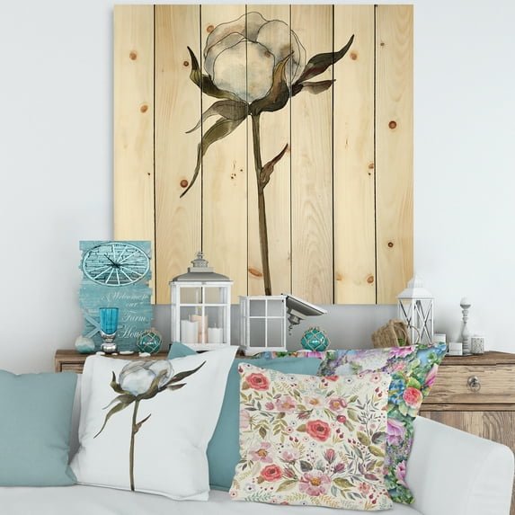 Designart 'Cotton Flower Retro Style' Traditional Print on Natural Pine Wood