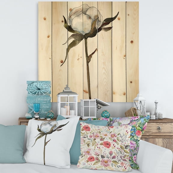 Designart 'Cotton Flower Retro Style' Traditional Print on Natural Pine Wood