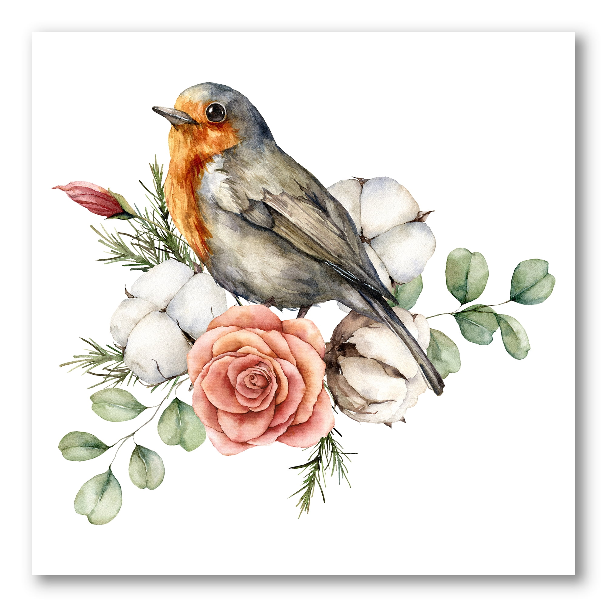 Designart ' Cotton Rose and Leaves With Robin Redbreast ' Traditional Canvas Wall Art Print