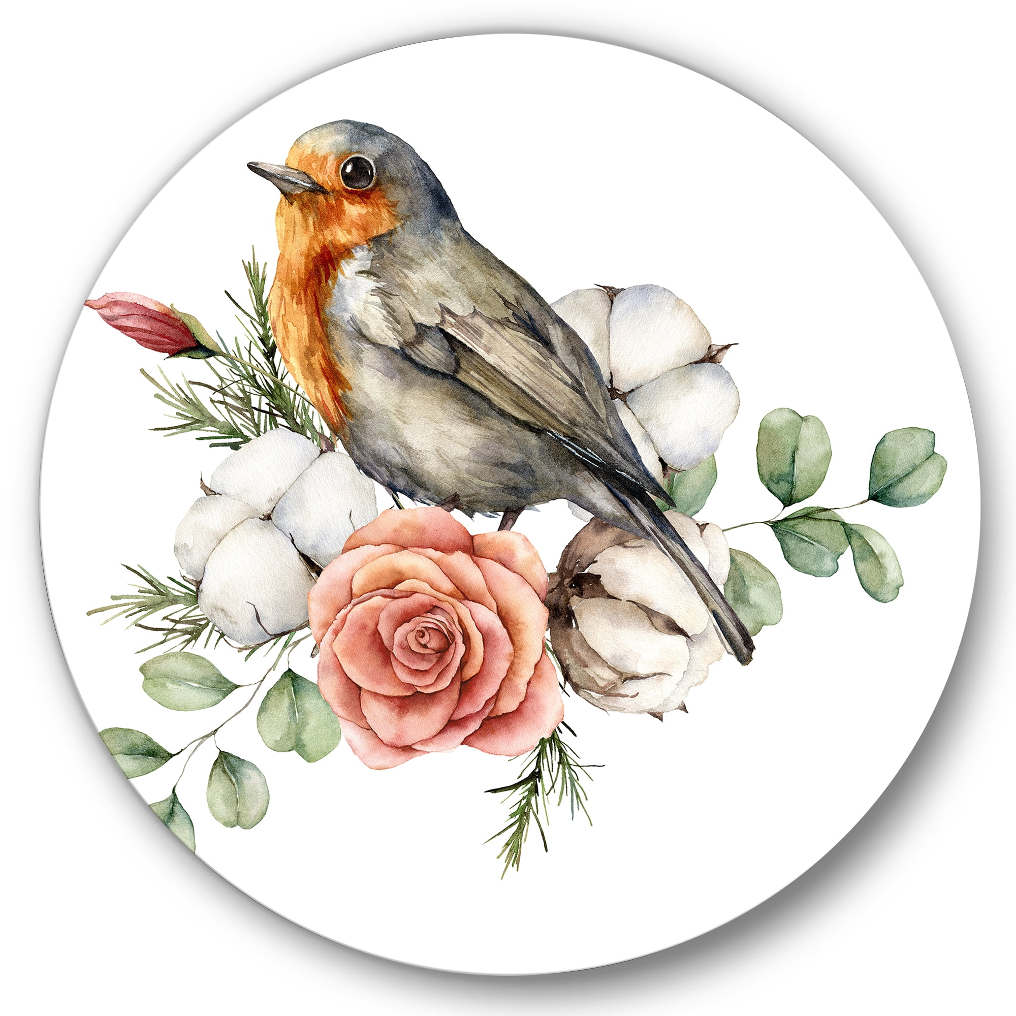 Designart 'Cotton Rose and Leaves With Robin Redbreast' Traditional Circle Metal Wall Art 11x11 - Disc of 11