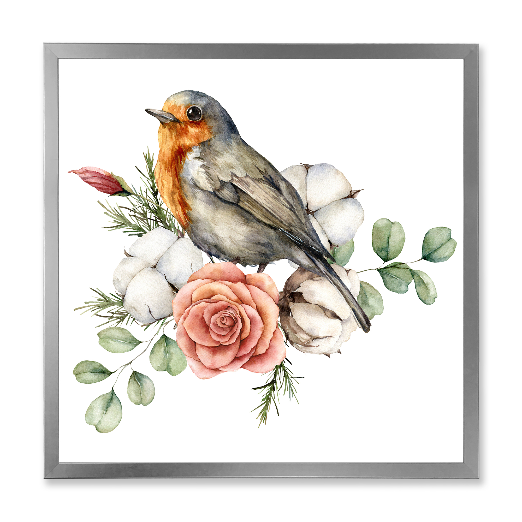 Designart 'Cotton Rose and Leaves With Robin Redbreast' Traditional Framed Art Print