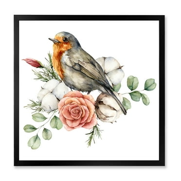 Designart 'Cotton Rose and Leaves With Robin Redbreast' Traditional Framed Art Print