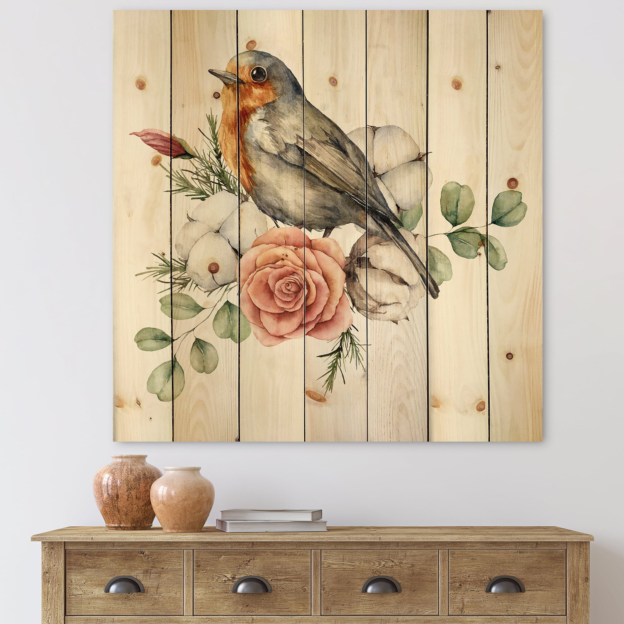 Designart 'Cotton Rose and Leaves With Robin Redbreast' Traditional Print on Natural Pine Wood