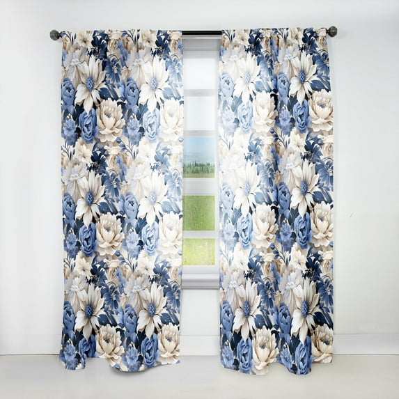 Designart "Country Blue Beige Floral Charm I" Floral Room Darkening Curtain Single Panel