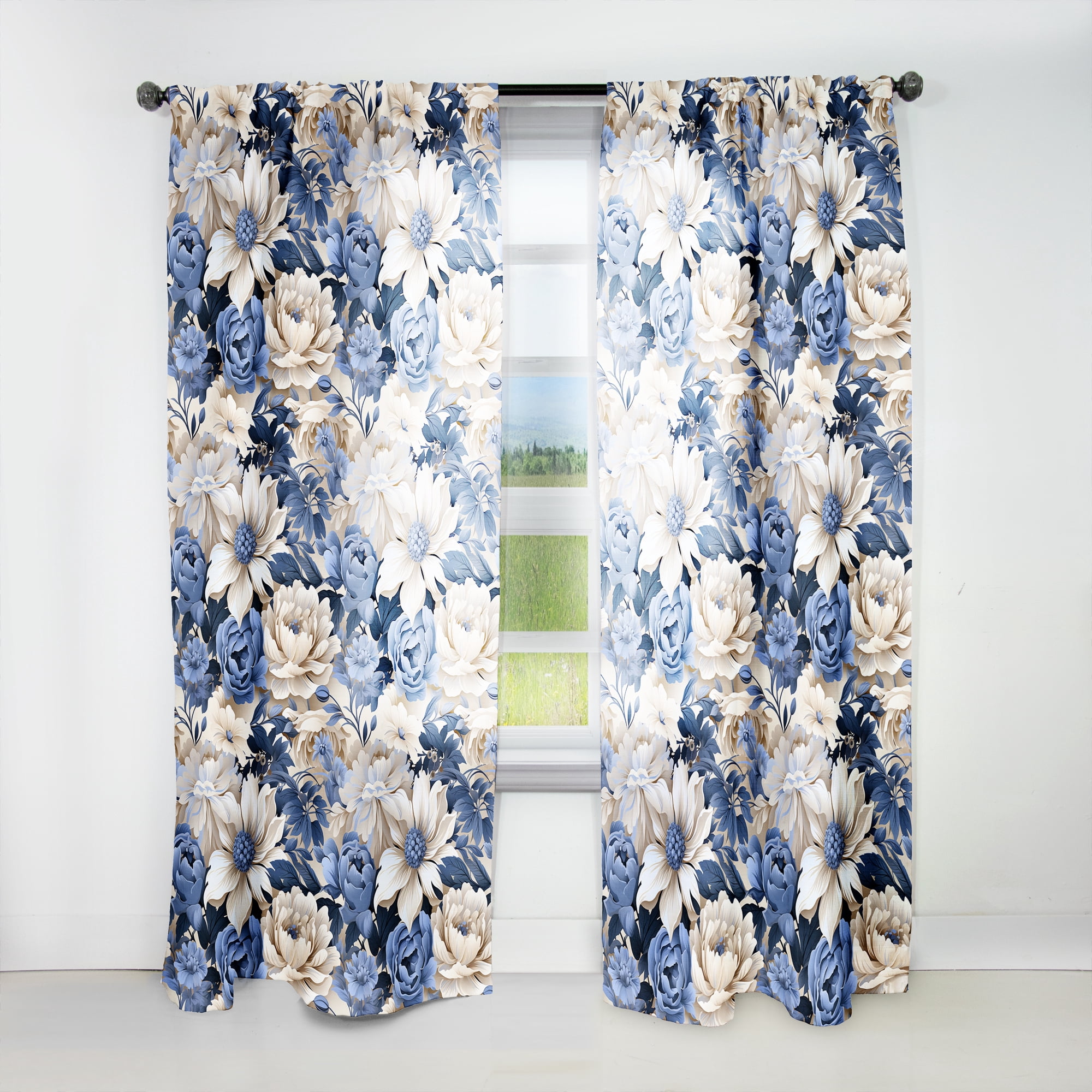 Designart "Country Blue Beige Floral Charm I" Floral Curtain Panels