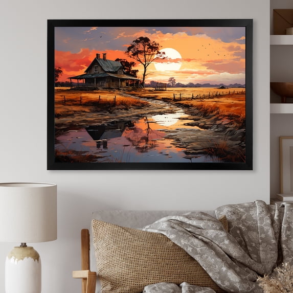 Designart "Country Charm At Sunrise With Barns" Barns Picture Framed Wall Art Prints