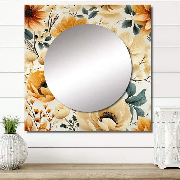 Designart "Country Charm Beige Floral Mix I" Floral Square Mirror Wall Decor Cottage - Large Beige Square Bathroom Mirror - Square Printed Wall Mirror Art