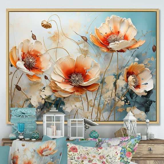 Designart "Country Charm Of Peach Poppies In A Farmhouse" Poppies Floater Framed Wall Art Prints