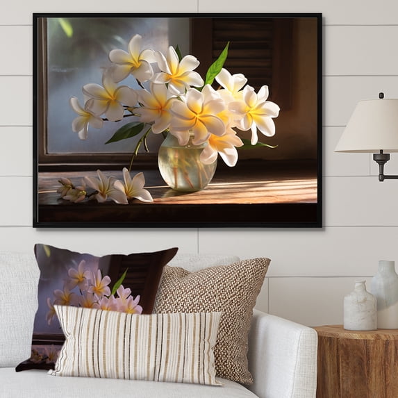 Designart "Country Charm Of Plumeria In A Vase Bouquet" Plumeria Floater Framed Wall Art Living Room