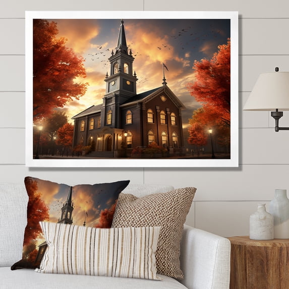 Designart "Country Charm of Religious Church" Spiritual Framed Wall Art Decor - Cabin Red Church Living Room Framed Canvas Art