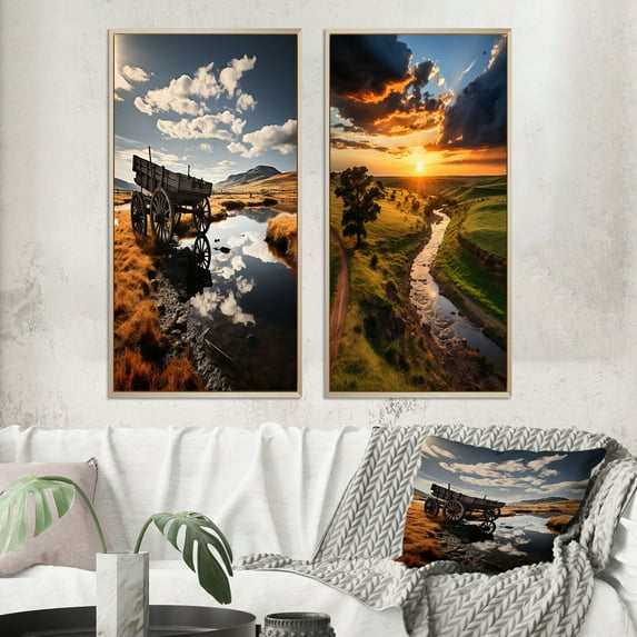 Designart "Country Heritage Yellow Old Cart" Old American Cart Framed Wall Art Set Of 2 - Yellow Transportation Frame Gallery Set For Office Decor
