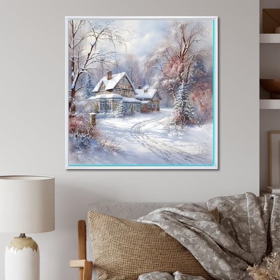 Designart "Country Home Winter Charm II" Winter Landscape Floater Framed Wall Art Prints