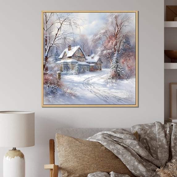 Designart "Country Home Winter Charm II" Winter Landscape Floater Framed Wall Art Prints