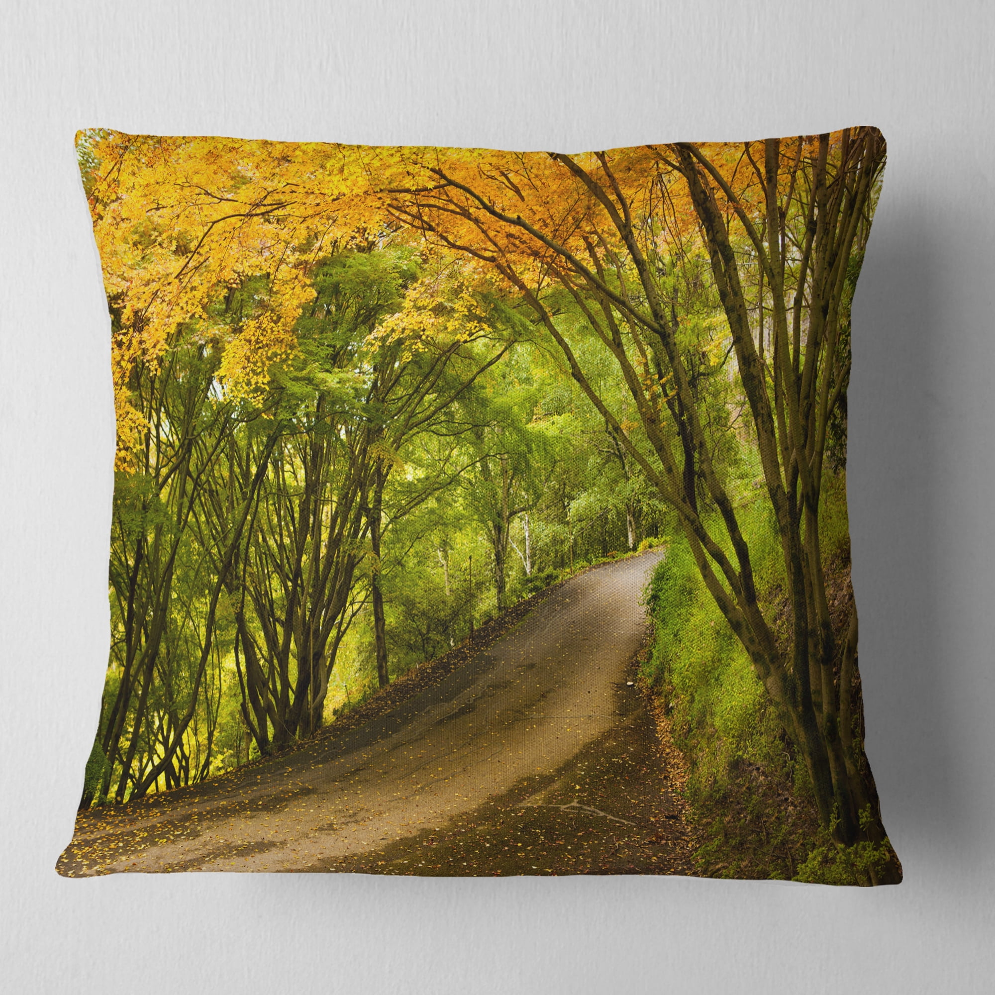 Designart Country Lane in Green Forest - Landscape Printed Throw Pillow - 16x16