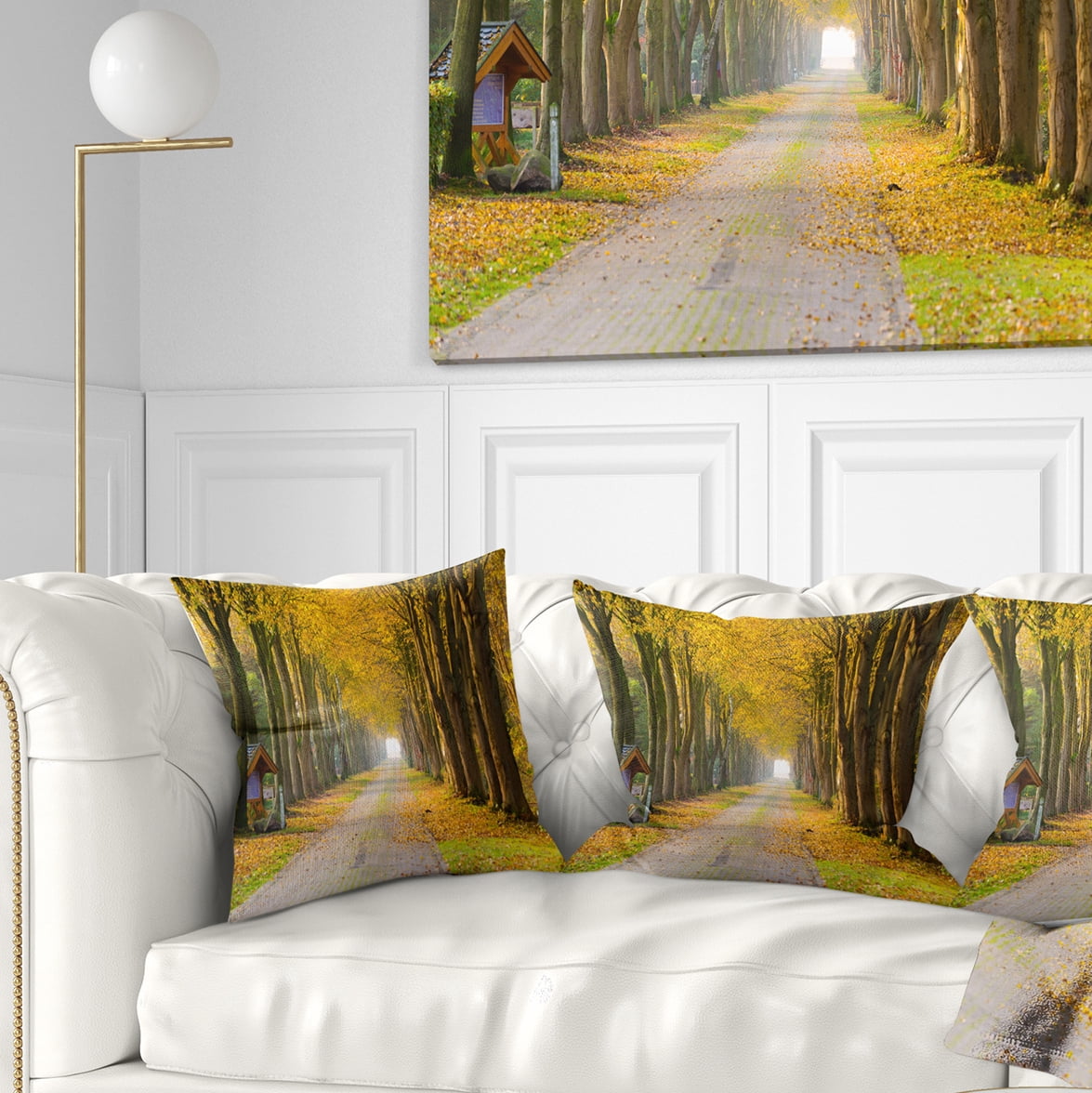 Designart Country Road Below Yellow Trees - Landscape Photography Throw Pillow - 18x18