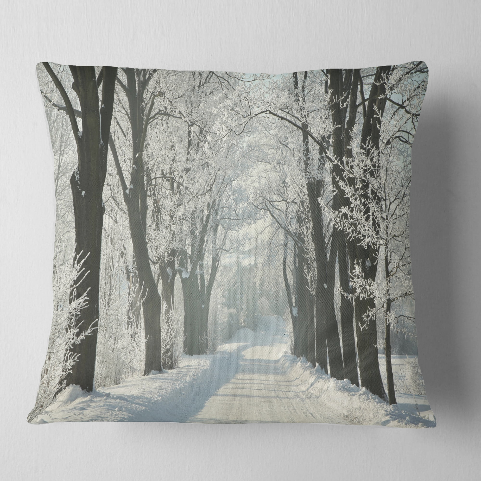 Designart Country Road Between Foggy Trees - Forest Throw Pillow - 16x16