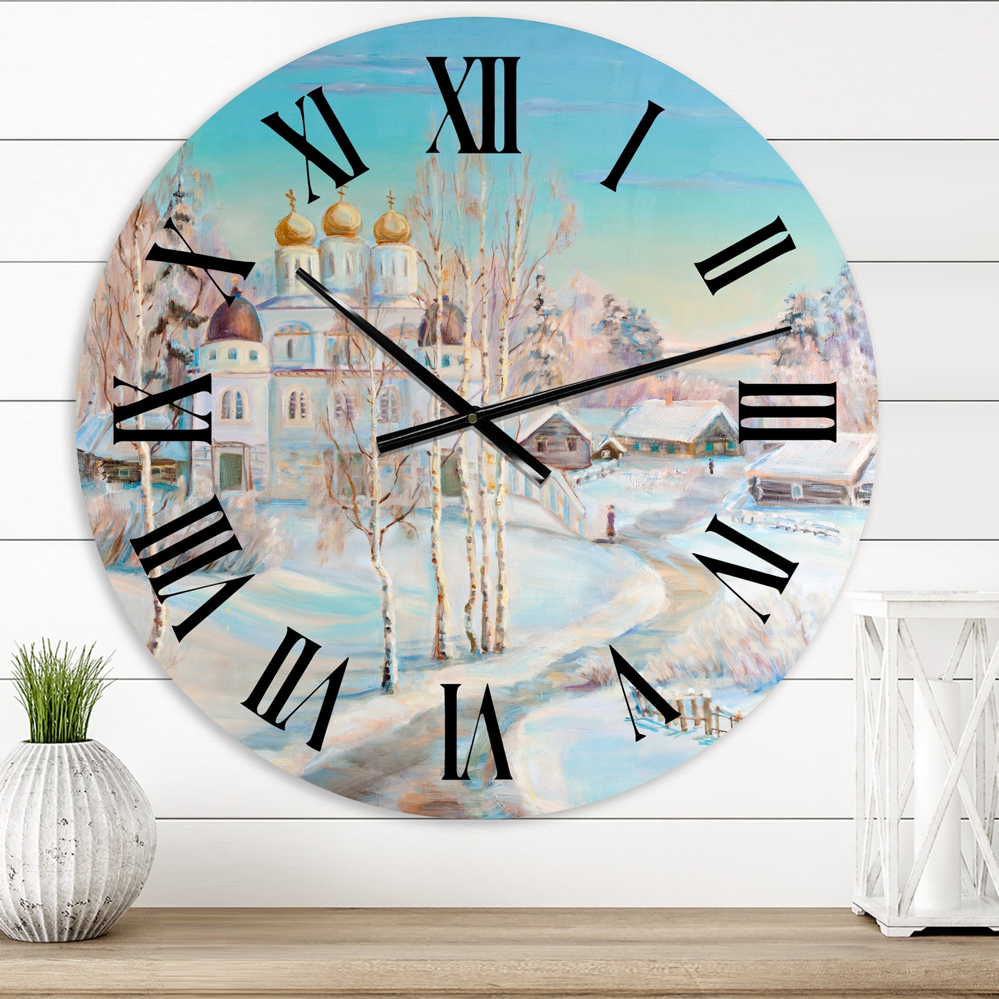 Designart 'Country Road In Winter Landscape With Temple' Traditional Wall Clock