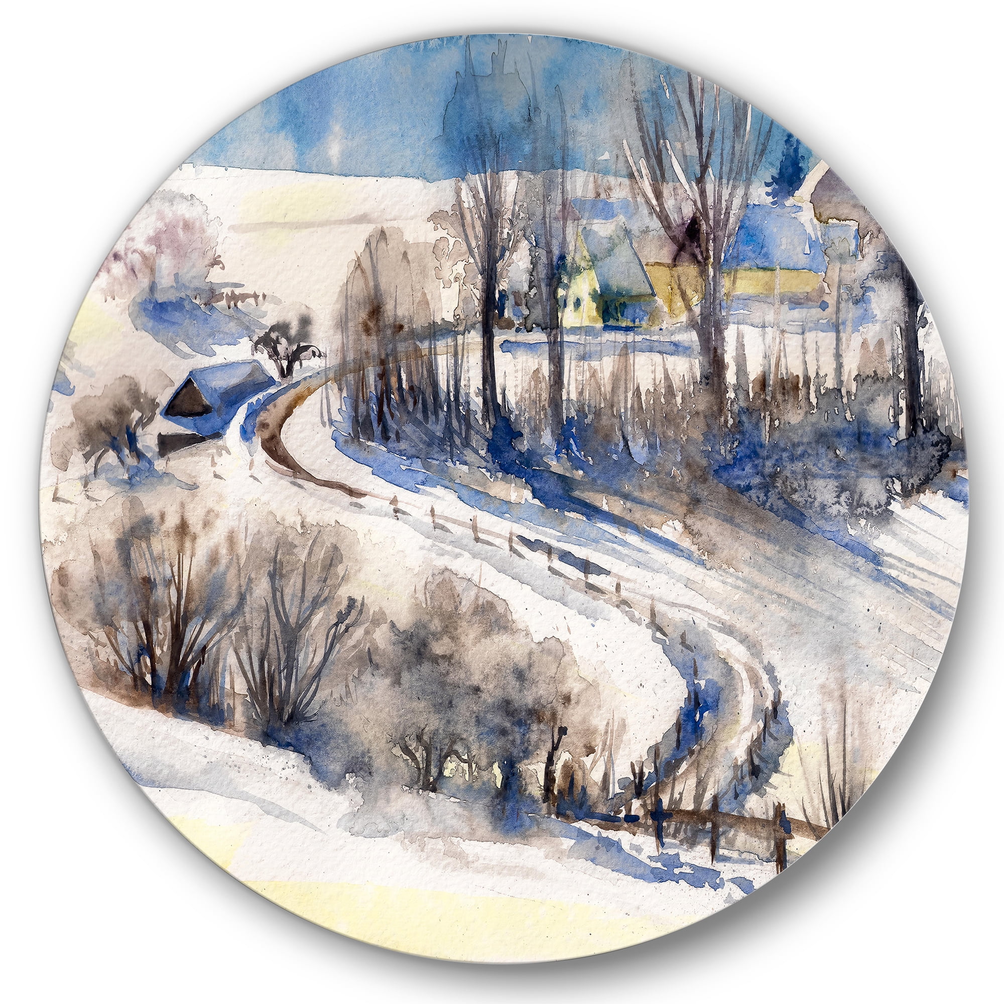 Designart 'Country Road In Winter Times Landscape I' Traditional Circle Metal Wall Art 29x29 - Disc of 29
