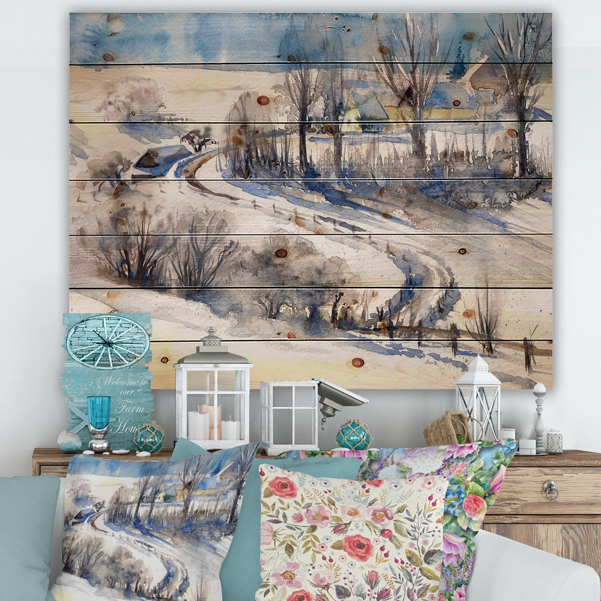 Designart 'Country Road In Winter Times Landscape I' Traditional Print on Natural Pine Wood