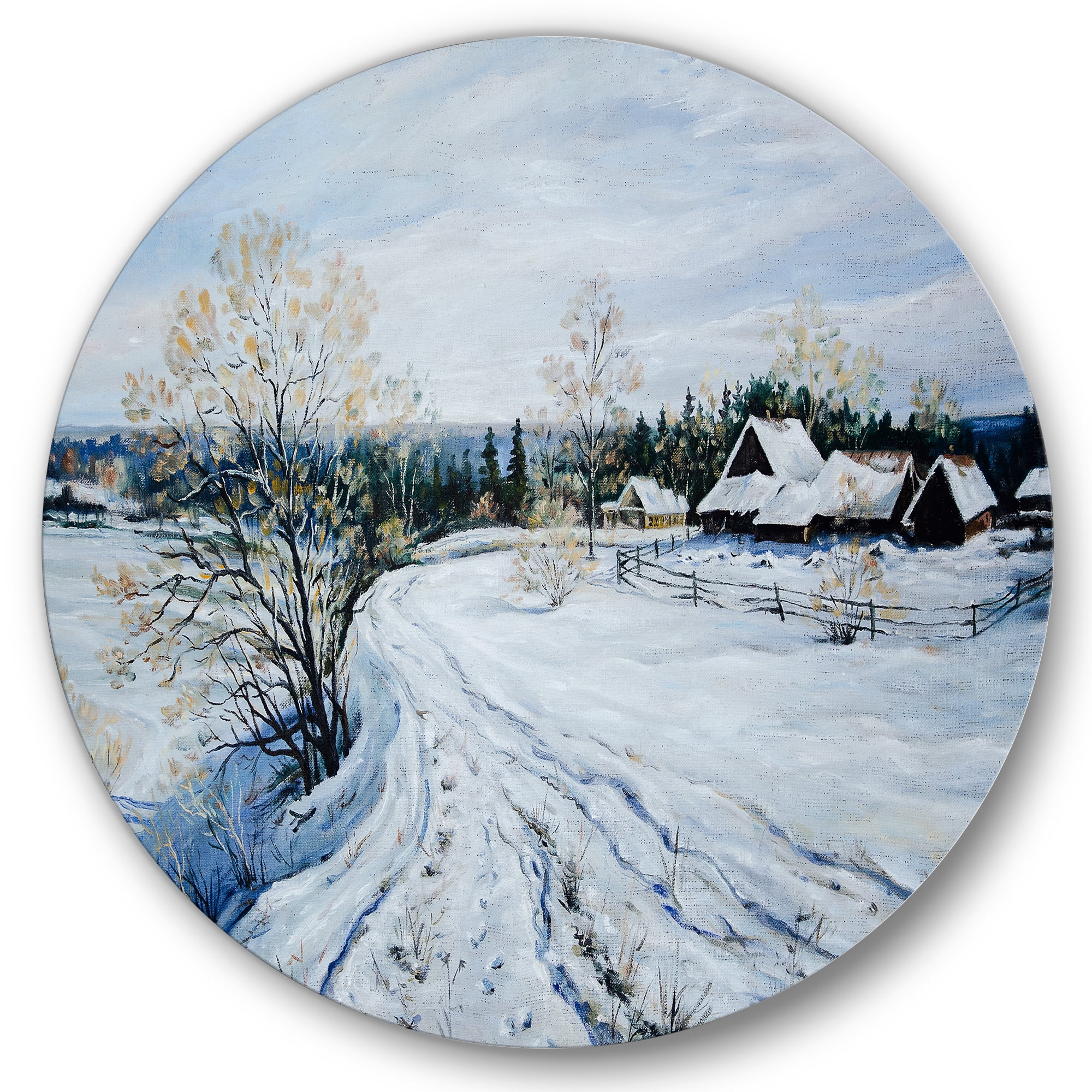 Designart 'Country Road In Winter Times Landscape II' Traditional Circle Metal Wall Art 23x23 - Disc of 23