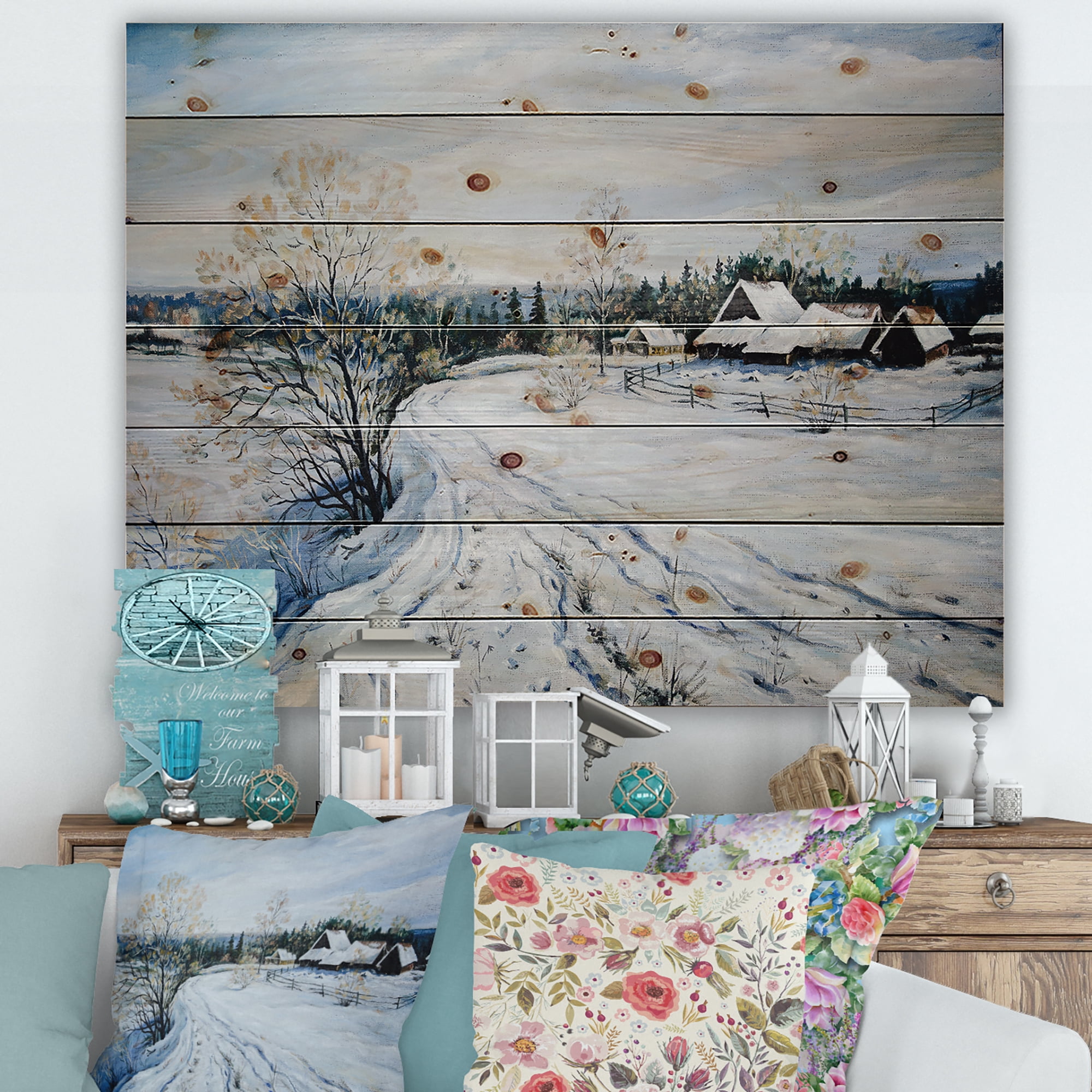 Designart 'Country Road In Winter Times Landscape II' Traditional Print on Natural Pine Wood