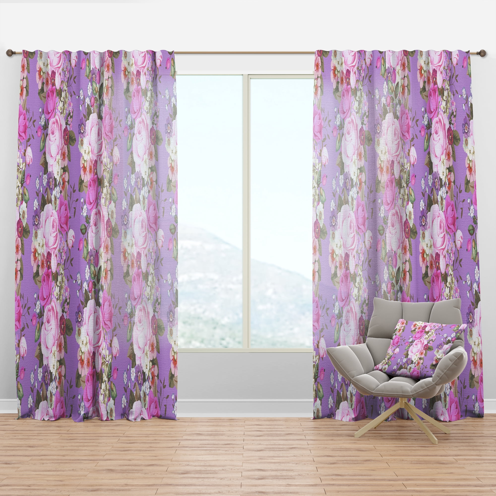 Designart 'Country Roses With Pattern' Mid-Century Modern Curtain Panel
