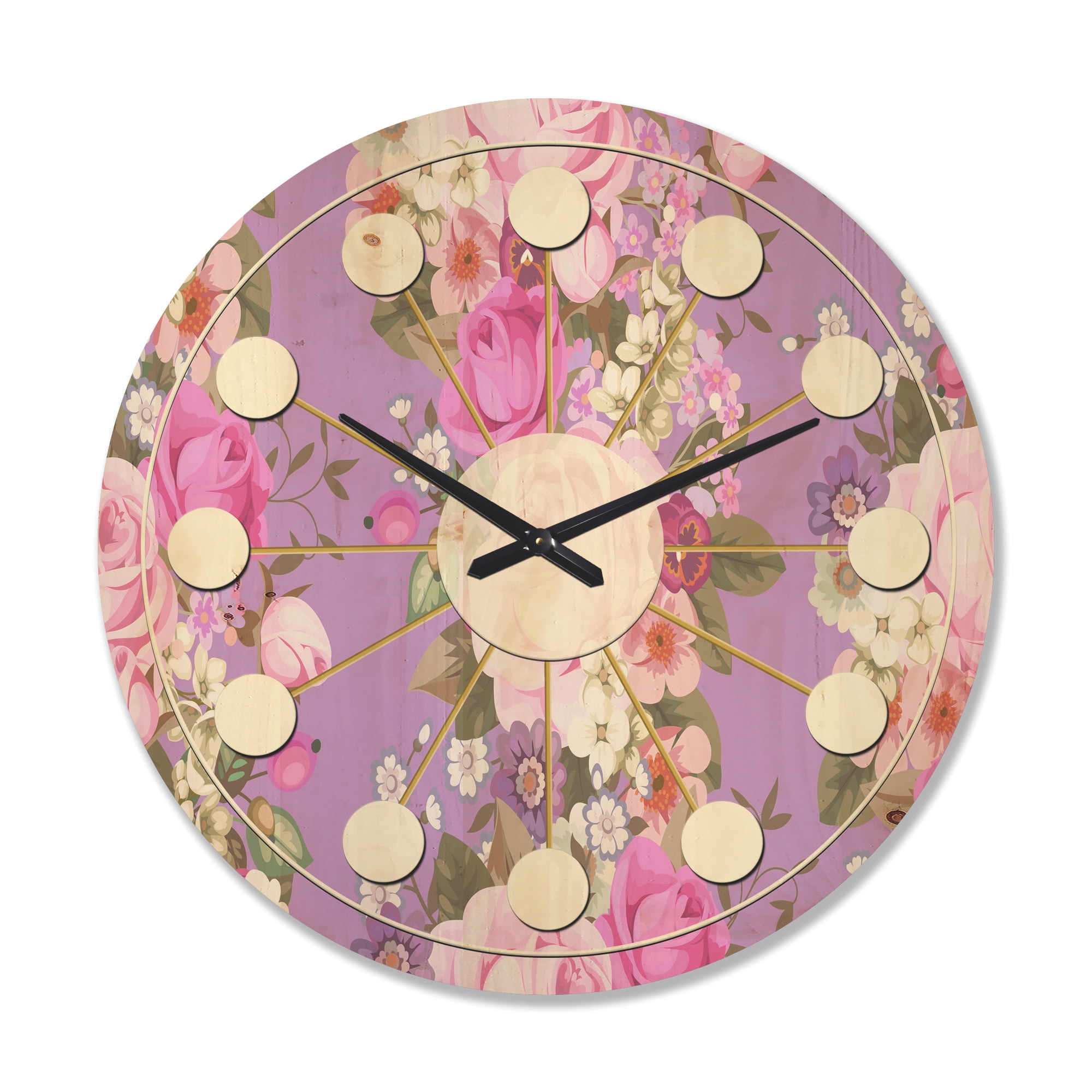 Designart 'Country Roses With Pattern' Mid-Century Modern Wood Wall Clock