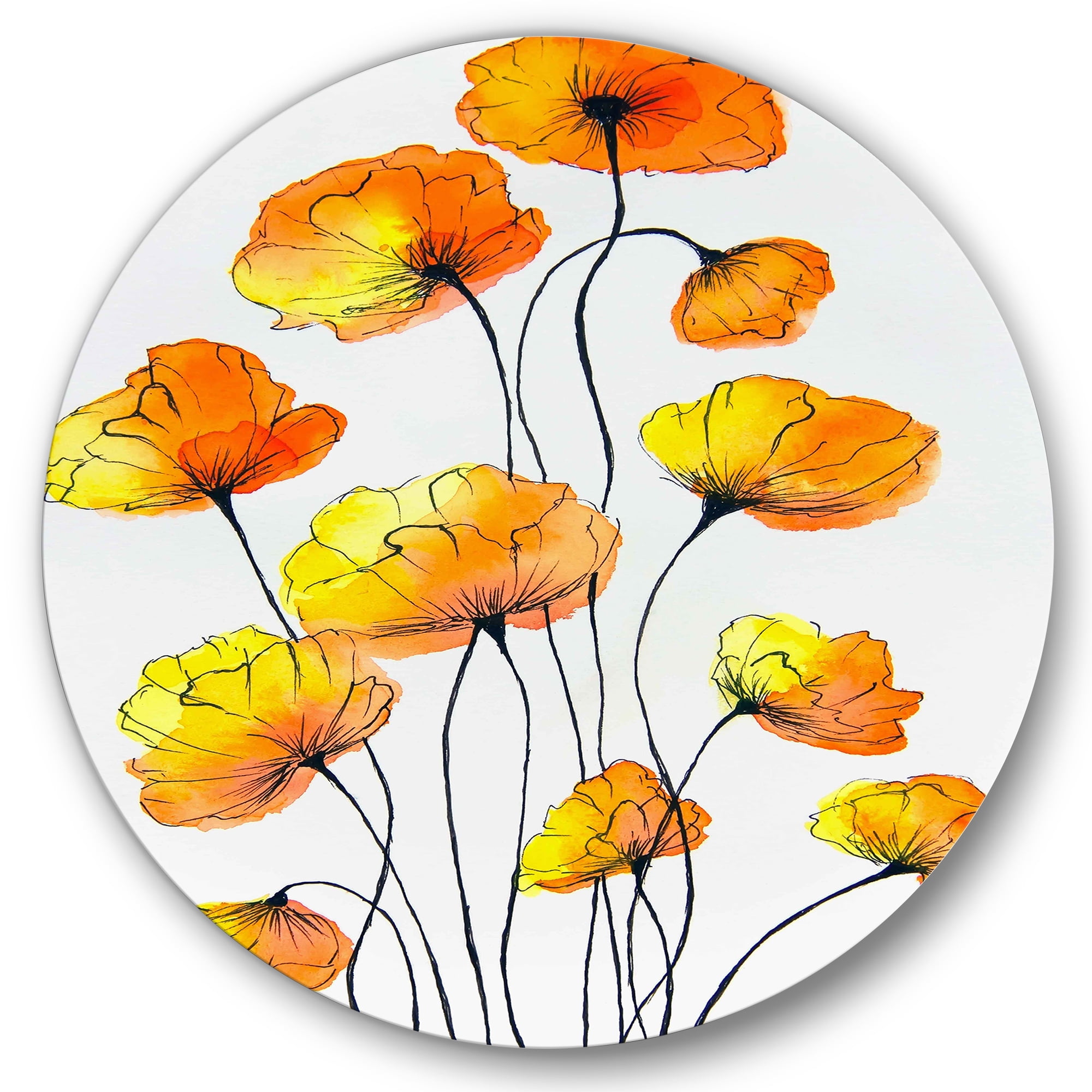 Designart 'Country Yellow Flowers On White' Traditional Circle Metal Wall Art 29x29 - Disc of 29