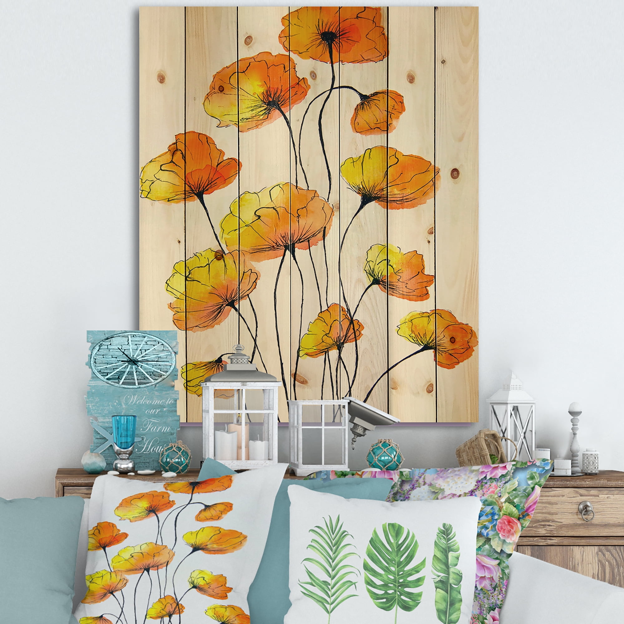 Designart 'Country Yellow Flowers On White' Traditional Print on Natural Pine Wood